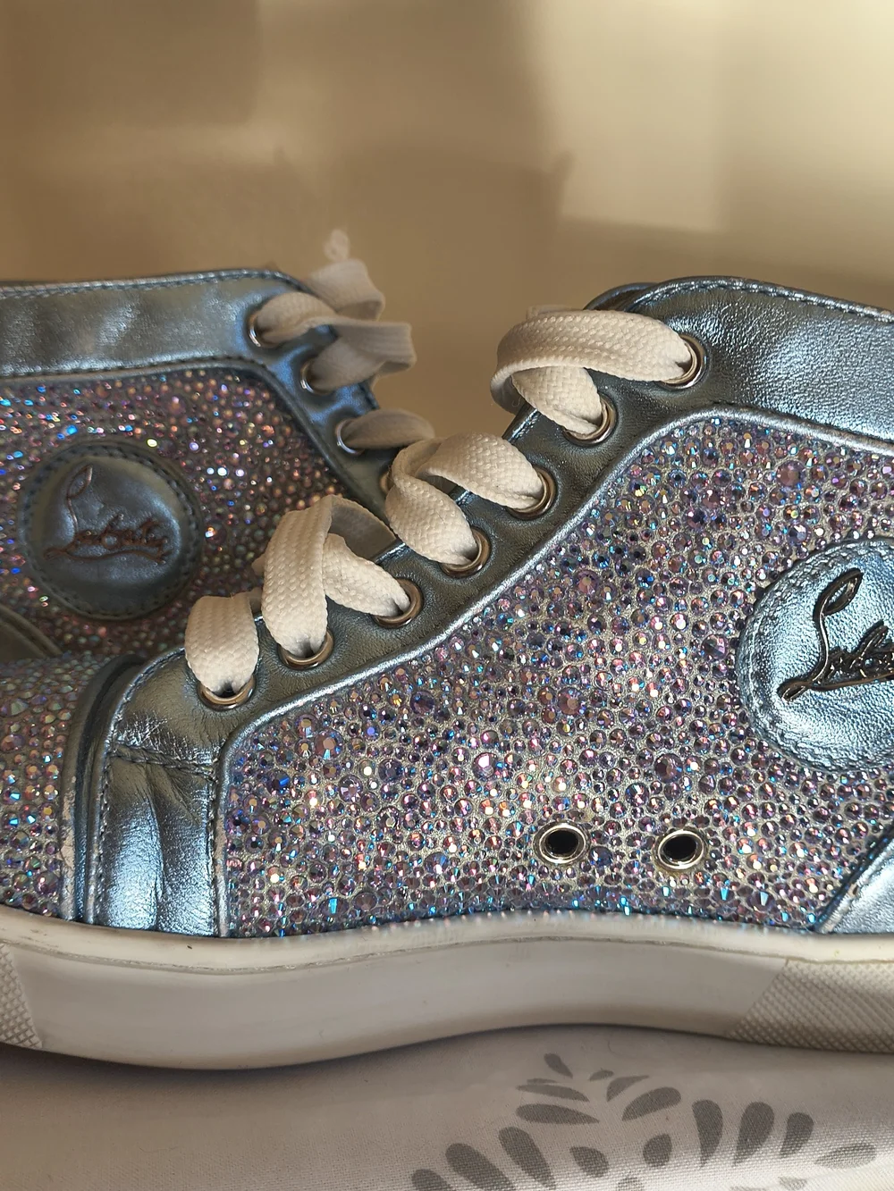 Christian Louboutin Metallic Blue Crystal High-Top Sneakers - Picture 2 of 11